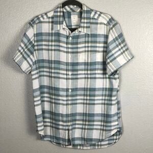 Gap Large Blue Green White Plaid Button Up Short Sleeve Linen Cotten Blend Shirt